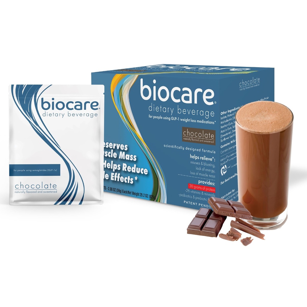 Biocare Nutritional Beverage for GLP-1 Users, Dietary Powder Drink Provides 30 g Essential Protein, 26 Vitamins/Minerals, Helps Ease Nausea, Bloating, Constipation, Chocolate Shake 14ct