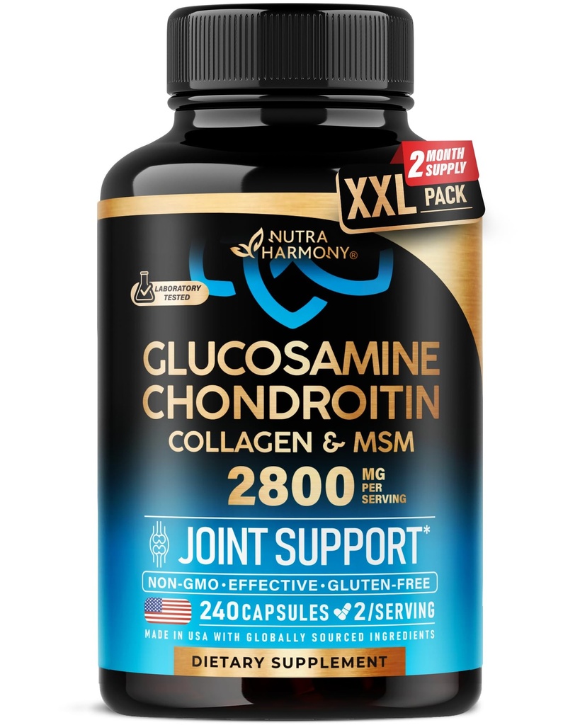 Glucosamine Chondroïtine MSM Collagène , Supplément de soutien conjoint 2800 mg , Fabriqué aux États-Unis , Produits approuvés par la FSA , Flexibilité Vitamines nutritionnelles , pour hommes et femmes , 240 Capsules