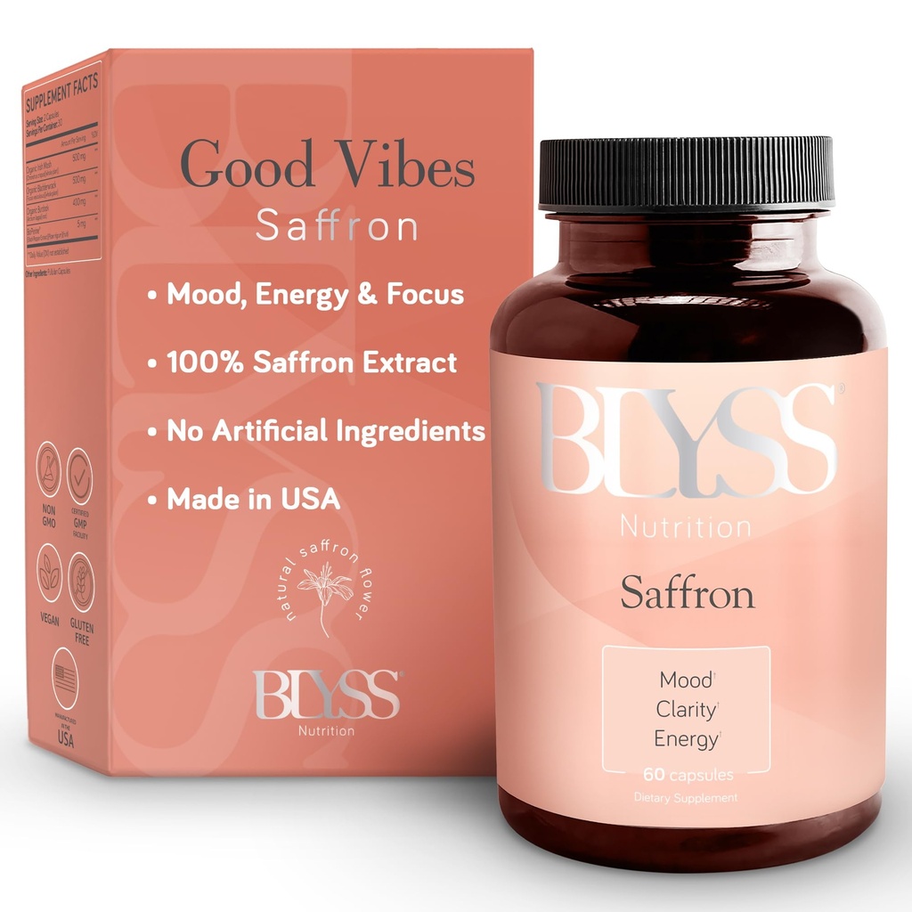 Saffron Extract Capsules for Women, Mood & Energy Support, 60 Vegan Caps | BLYSS Nutrition saffron supplement supports PMS, mental clarity & metabolism; non-GMO, gluten free