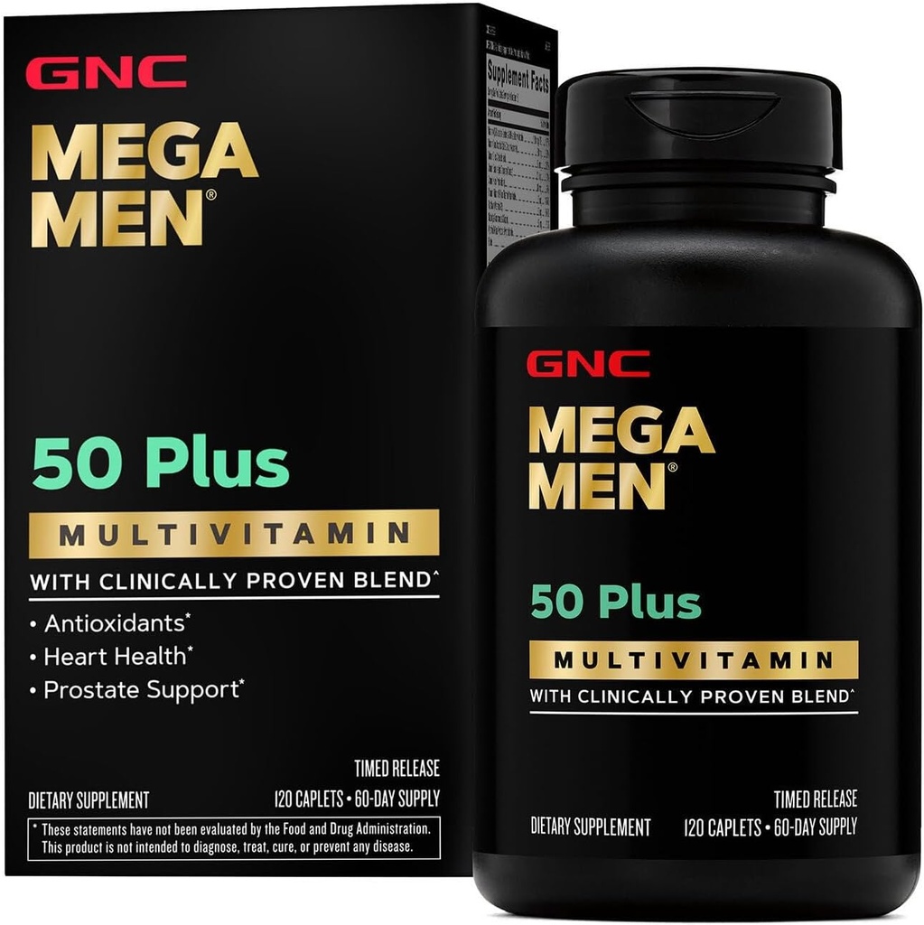 GNC Mega Hommes 50 Plus Caplets multivitamines, cliniquement prouvé, santé du coeur et de la prostate, vitamines B, Palmetto de scie, mémoire, vitamine D-3, 120 nombre
