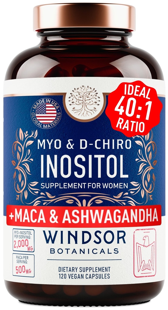 Myo et D-Chiro Inositol Supplément 40:1 Ratio - 2 000 mg Myo-Inositol plus Maca Racine et Calme Ashwagandha - Vitamines de soutien ovarienne saine et suppléments de fertilité pour les femmes - 120 Capsules Vegan
