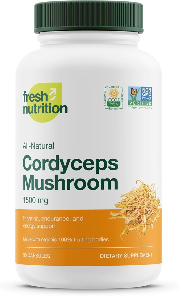 Capsules Cordyceps organiques (extrait de champignons Cordyceps Sinensis)- 1500mg par portion - Soutien énergétique et stoma - Riche en Alpha Glucan - Vegan, Non OGM, Sans gluten - 90 Capsules