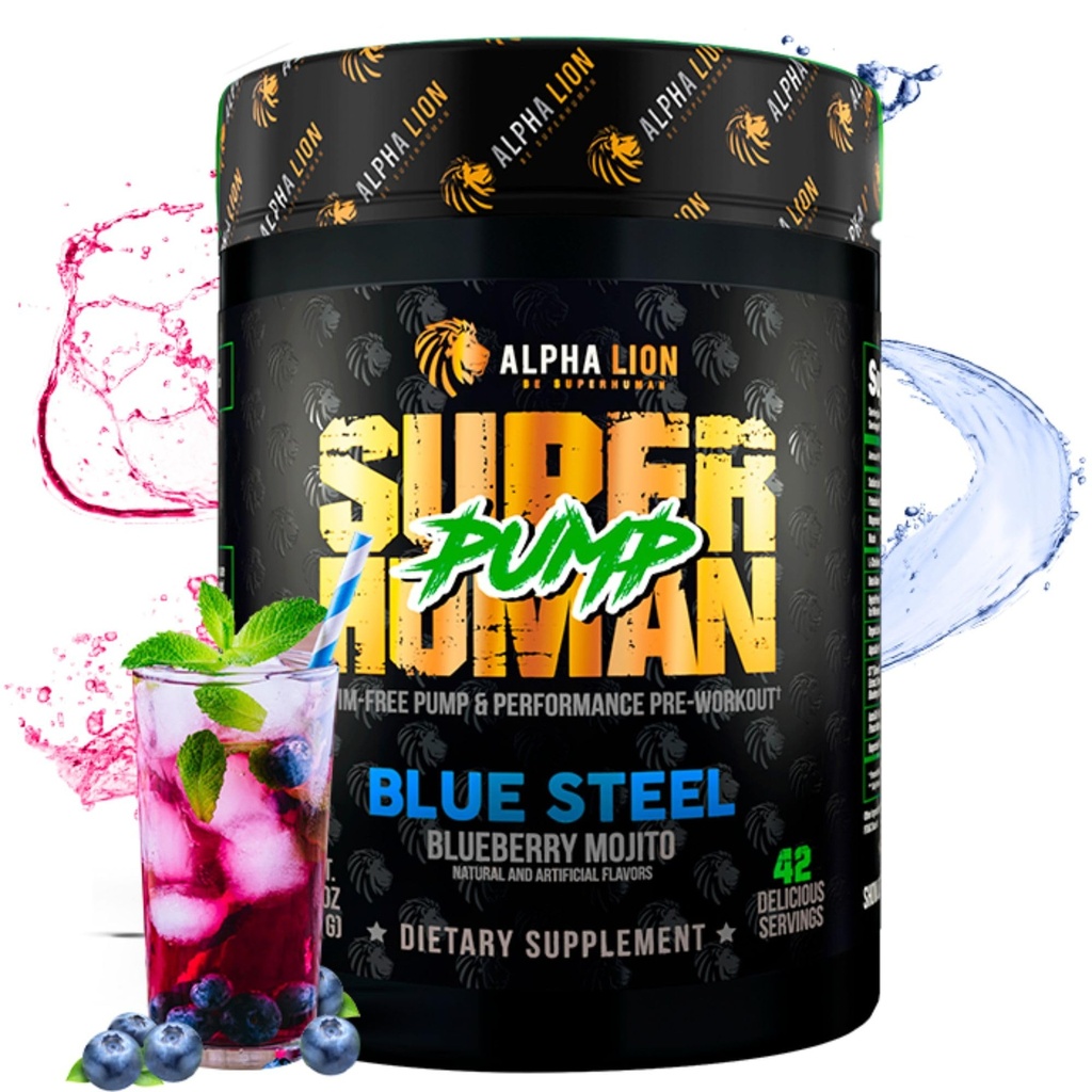 ALPHA LION Pompe Superhumaine Poudre de pré-entraînement, Nootropic Caffeine & Stim Supplément gratuit de pré-entraînement, Booster à oxyde nitrique, Muscle Gainer, Énergie et Focus (42 Serviettes, Blueberry Steel Flavor)