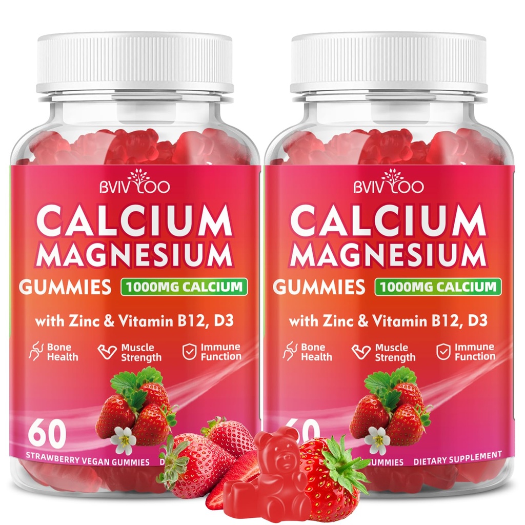 Calcium Gummies 1000mg with Vitamin D3 K2 & B Complex, Potassium, Calcium Magnesium Zinc Gummies for Bone, Muscle, Mood and Immunity - Vegan, Non-GMO, Strawberry Flavor 120 Count