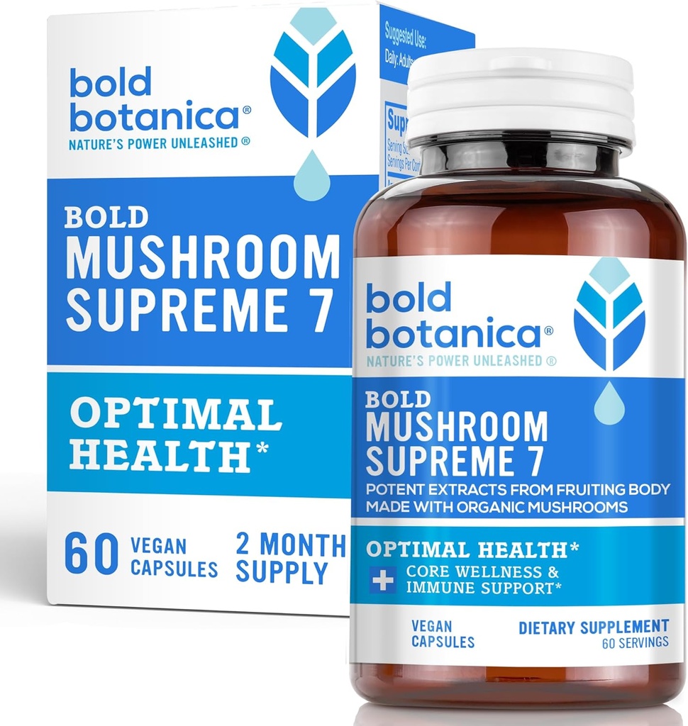 Bold Botanica Mushroom Supreme 7 – Supplément de champignons – Extraits organiques de la dinde Tail, Chaga, Phellinus, Reishi, Cordyceps, Maitake, Shiitake pour le soutien immunitaire et le bien-être optimal, 60 capsules