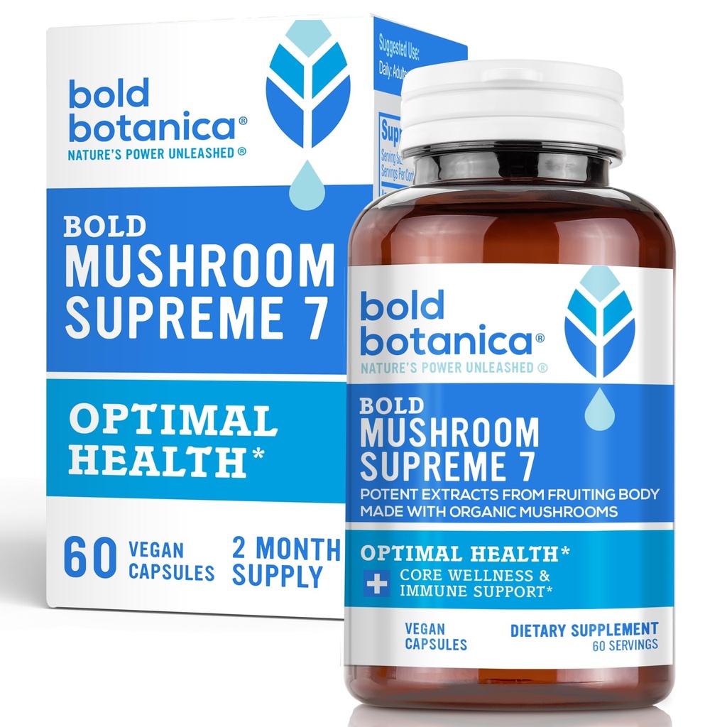 Bold Botanica Mushroom Supreme 7 – Supplément de champignons – Extraits organiques de la dinde Tail, Chaga, Phellinus, Reishi, Cordyceps, Maitake, Shiitake pour le soutien immunitaire et le bien-être optimal, 60 capsules