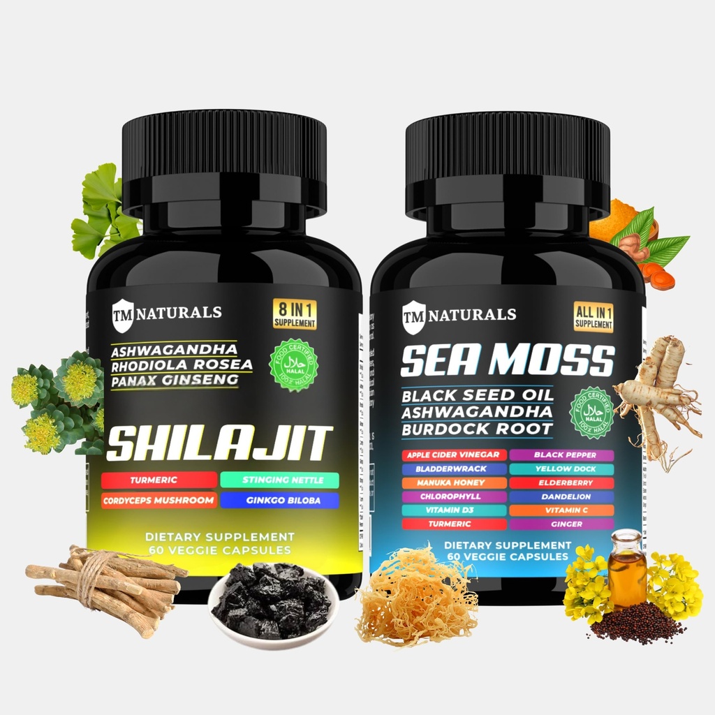 Sea Moss Shilajit Black Seed Oil Ashwagandha Ginger Capsules,Supplement with Turmeric and Ginger Supplement Bladderwrack Burdock Root Organic,ACV Black Seed Oil - 120 Sea Moss Capsules