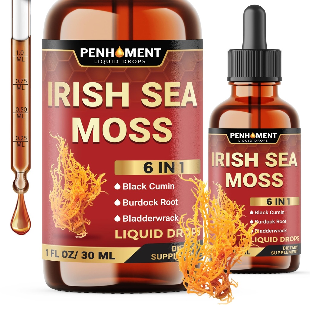 6in1 Sea Moss Drops with Black Seed Oil Irish Seamoss, Ashwagandha, Burdock Root & Bladderwrack - 1FL Oz - 30 Day Supply