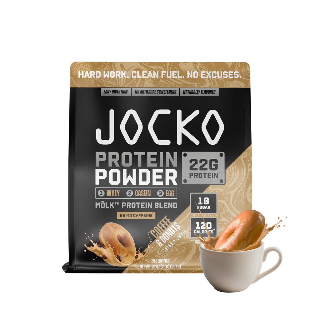 Jocko Fuel Whey Protein Powder, Coffee & Donuts, 22g Protein, Digestive Enzymes + Probiotic Blend, No Sugar Added, with Essential Amino Acids + Electrolyte Minerals, 28 Servings