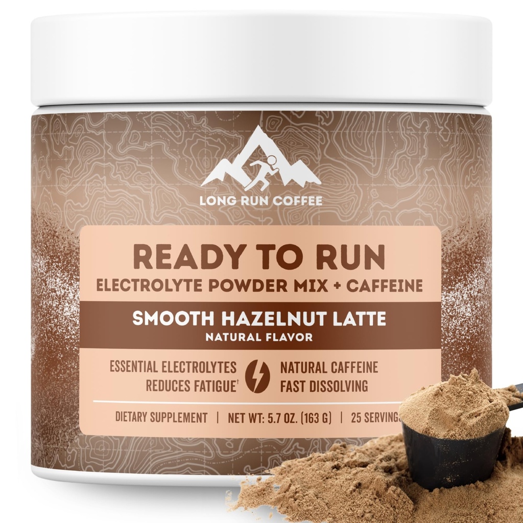 Ready to Run: Electrolytes + Caffeine Powder Mix by Long Run Co. [HAZELNUT LATTE] — 600mg Electrolytes, 50mg Caffeine, Only 10 Calories per Serving | All Natural Hydration + Instant Energy | Dairy-Free, Gluten-Free, Sugar-Free (1 Tub, 25 Servings)
