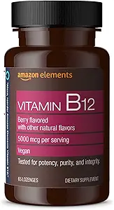 Éléments Vitamine B12 méthylcobalamine 5000 mcg - Production d'énergie normale et métabolisme, soutien du système immunitaire - 2 mois d'approvisionnement, Lozanges aromatisées au Berry, 65 comtes (paquet de 1)
