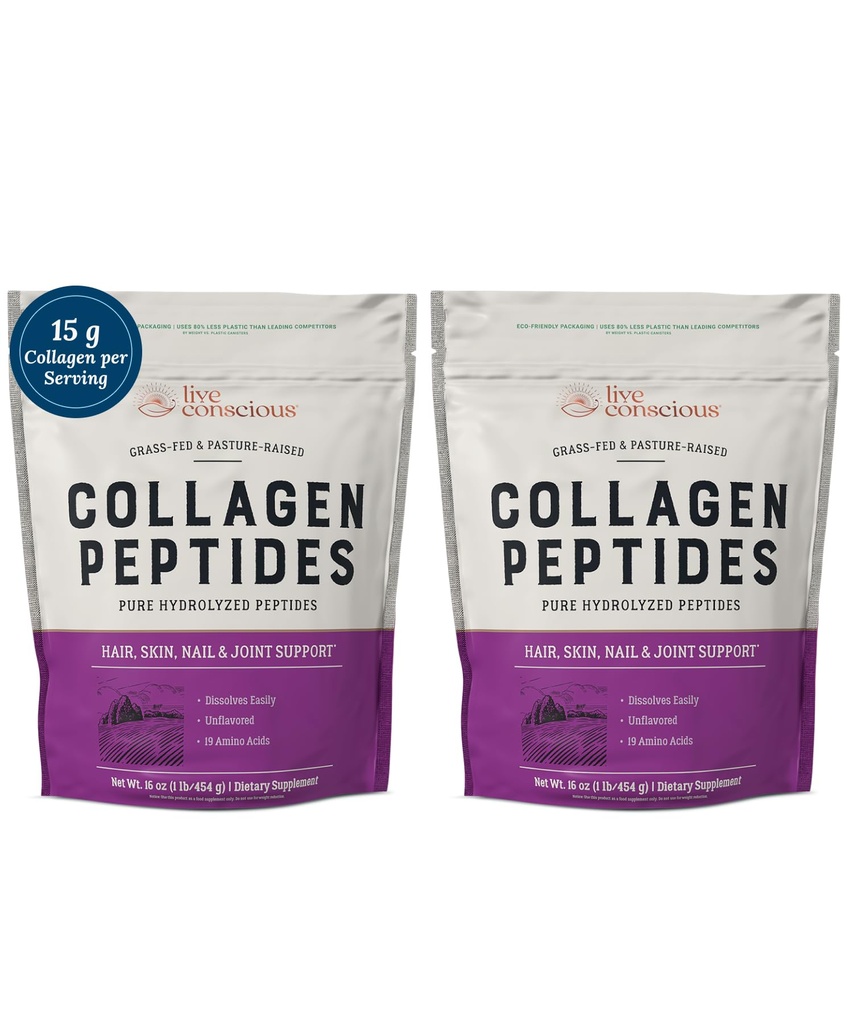 Poudre de Peptides de Collagène Vivant Conscience - Cheveux, peau, ongles et soutien articulaire - Collagène de Type I et III - Protéines hydrolysées d'origine naturelle - 16oz (2-Pack)