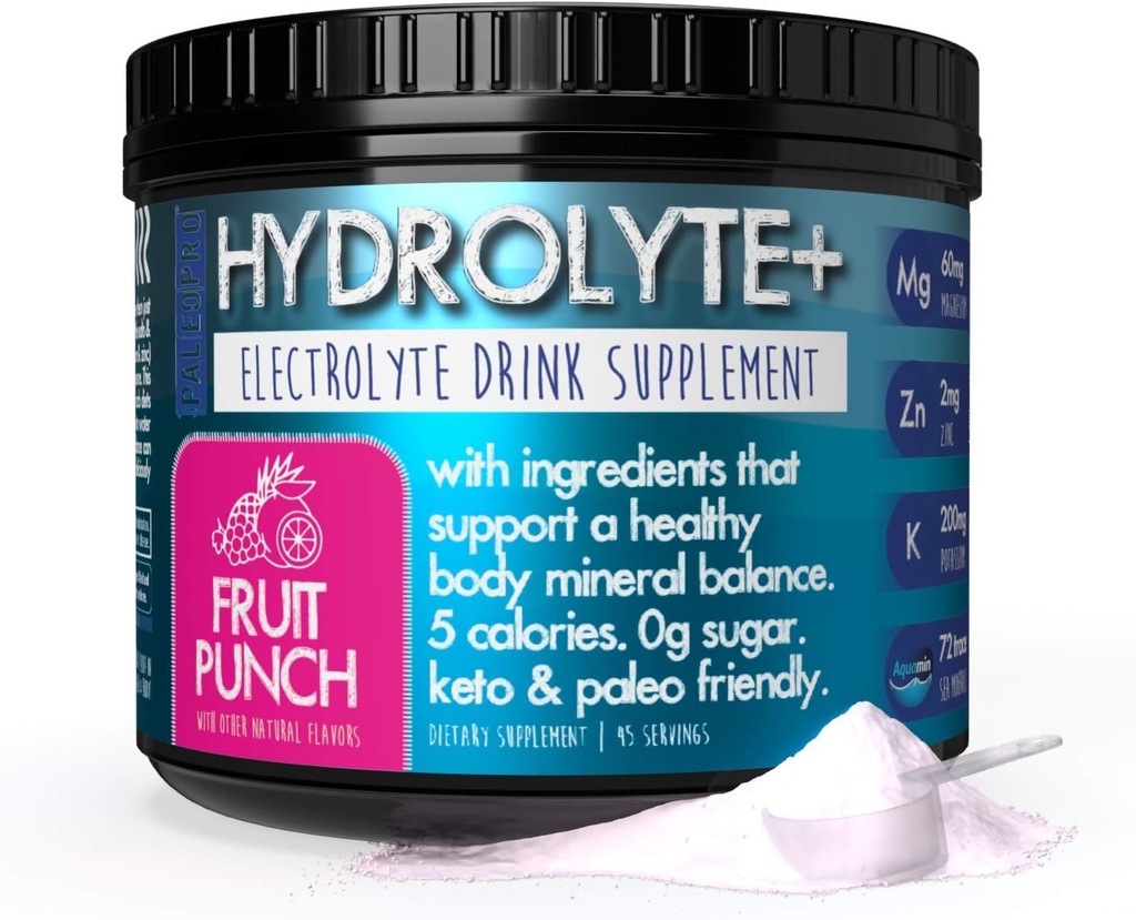 Paleo Pro HYDROLYTE+ Mélange de poudre d'électrolyte, supplément d'hydratation, 0g de sucre, 1g de glucides, Keto & Paleo Friendly, 45 portions, pas d'ingrédients artificiels (Fruit Punch)