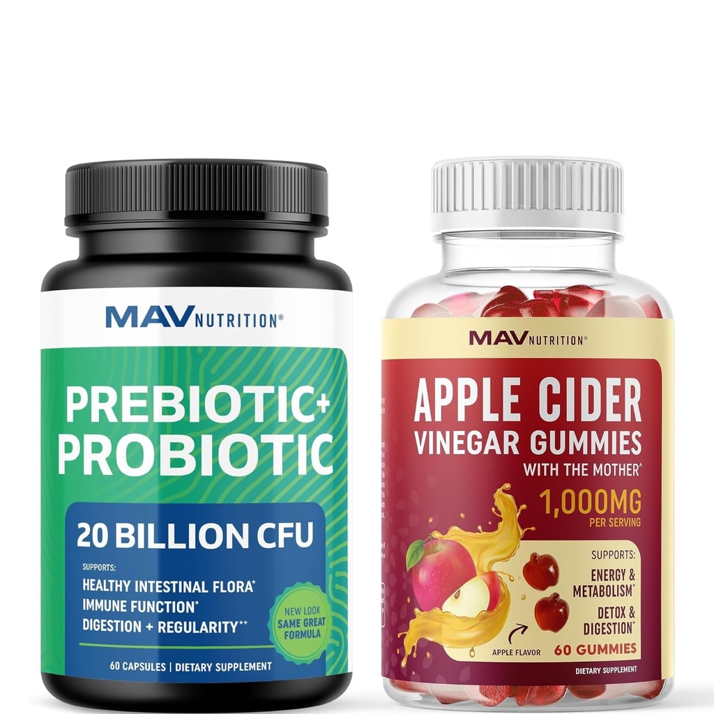 MAV NUTRITION Apple Cider Vinegar Gummies and Probiotic & Prebiotic Capsules | Gut Health Bundle for Beauty Detox and Digestive Health Support | Comprehensive Digestive Wellness with ACV & Prebiotics