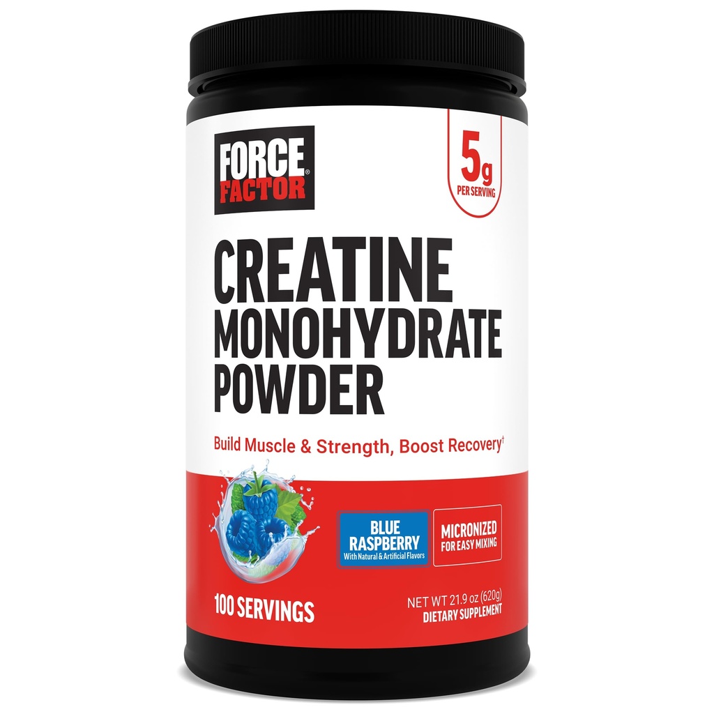 Force Factor Creatine Monohydrate Powder, 5g Micronized Dose to Support Muscle Growth, Strength, Recovery, Cognitive Health & Working Memory, Blue Raspberry, 100 Servings