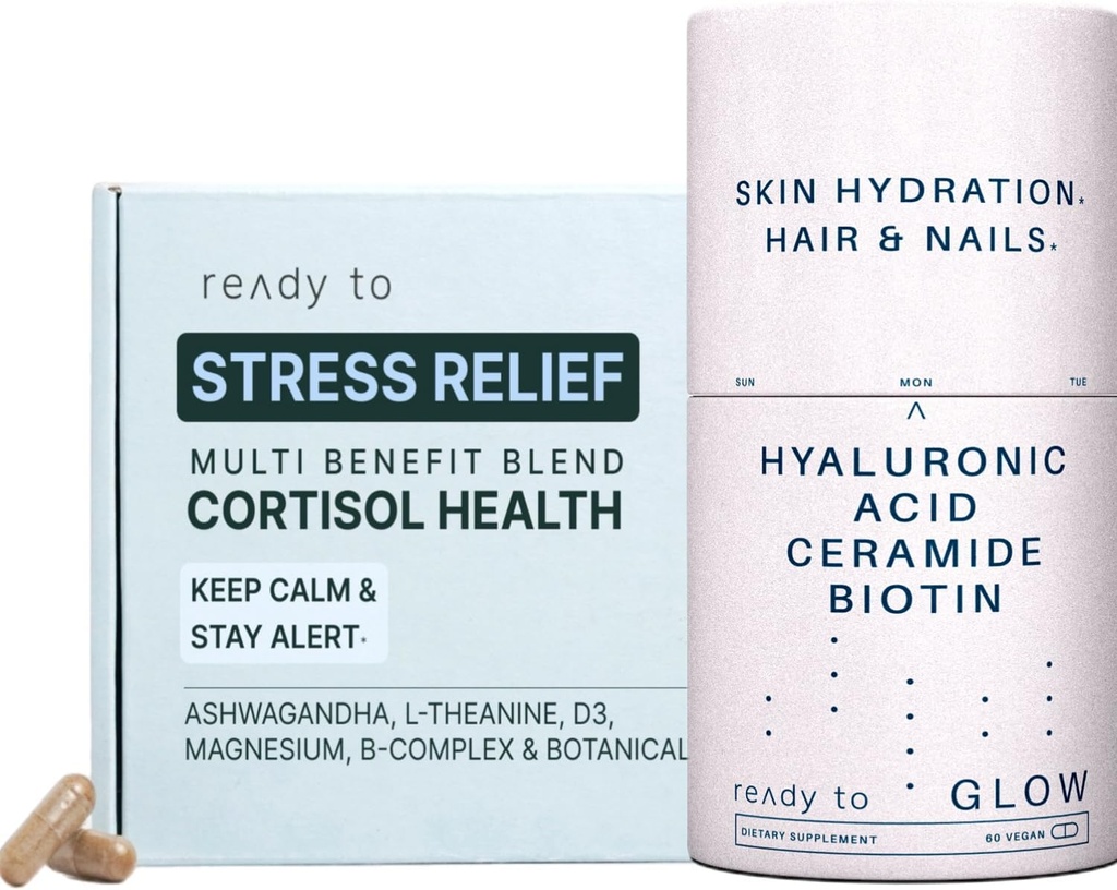Ensemble Skin & Stress Relief (Skin & Stress Relief Set) Cortisol Santé & Anti-Age avec Ashwagandha, Acide Hyaluronique, Céramides, Biotine & Antioxydants