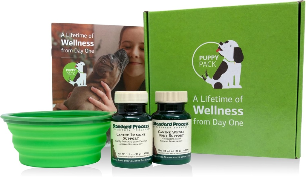 Standard Process Puppy Pack - Canine Immune & Whole-Body Support Powder Supplements - Puppy Support Kit with Canine Whole Body Support & Canine Immune System Support - Includes Collapsible Water Bowl