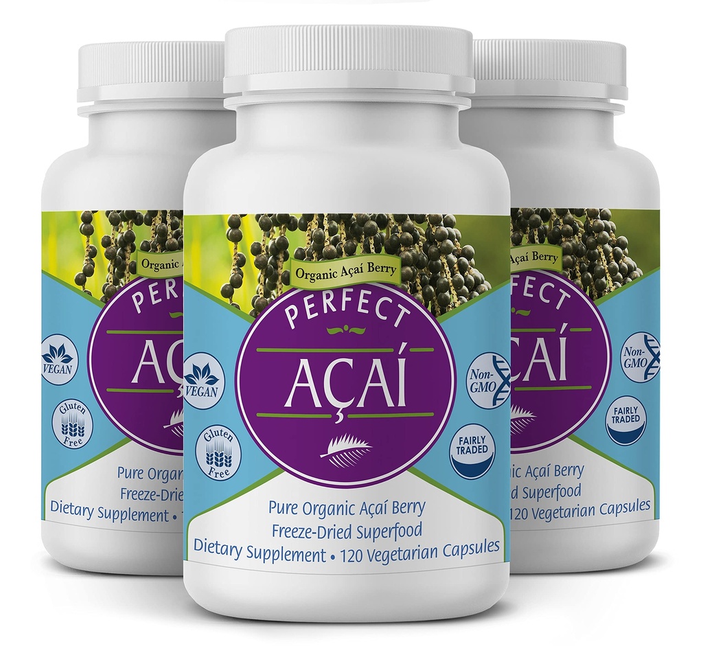 Perfect Supplements – Perfect Acai – 120 Capsules – Pure Organic Freeze-Dried Acai Berry Superfood - Powerful Antioxidants - Immune Support – 3 Pack