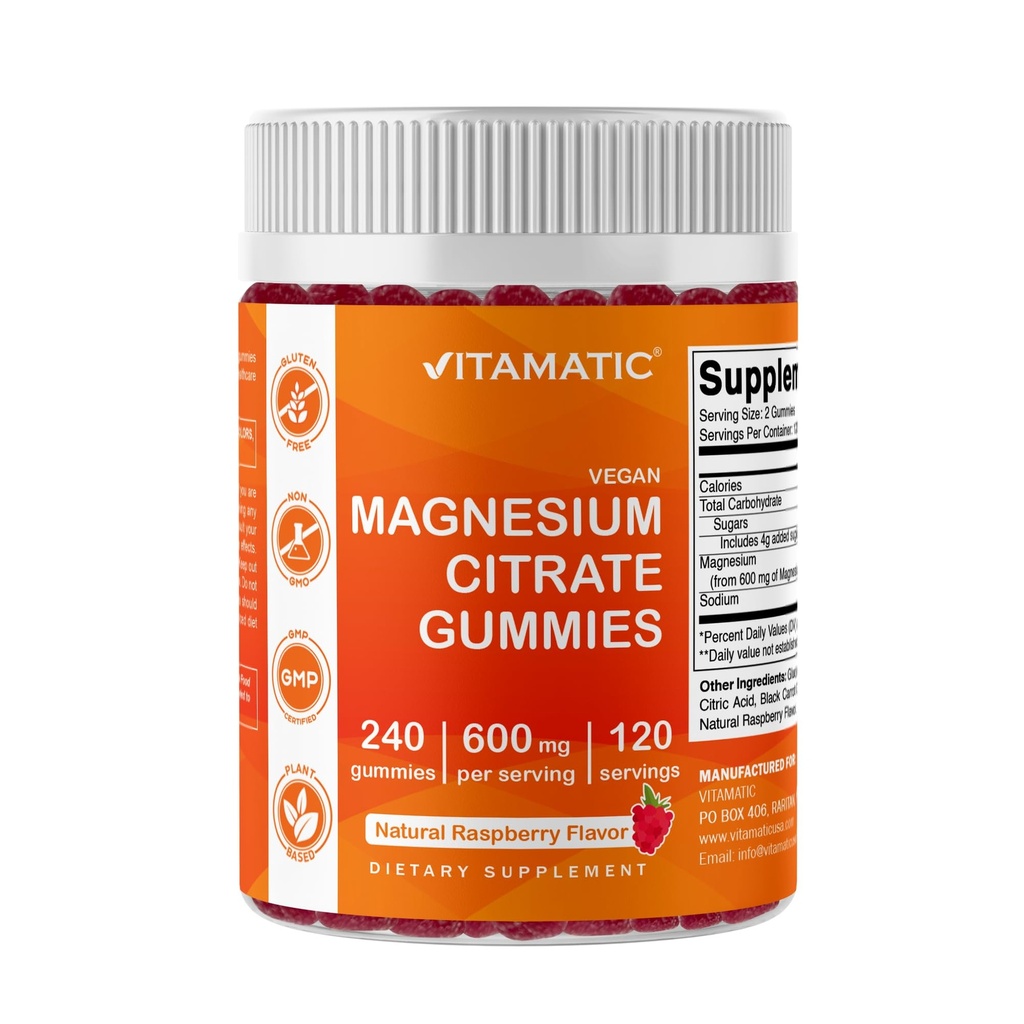 Citrate de magnésium vitamatique Gommies 600mg par portion - 240 Gommies végétaliens - Arôme de framboise naturelle - Supplément de magnésium à haute absorption - Soutient la santé des nerfs, des os et des muscles