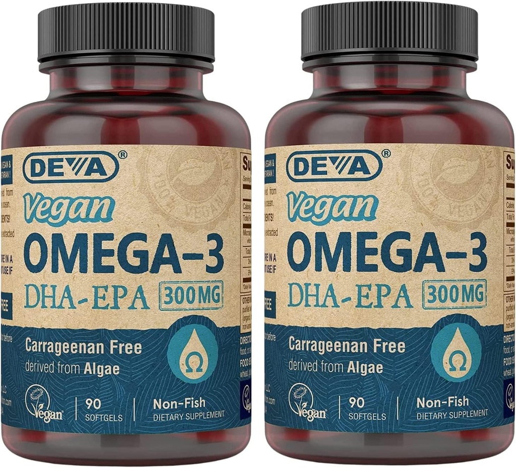 DEVA Vegan DHA-EPA Supplément nutritionnel, dérivé non-fish des algues, 300 mg de puissance, 90 softgels végétariens - Pack de 2