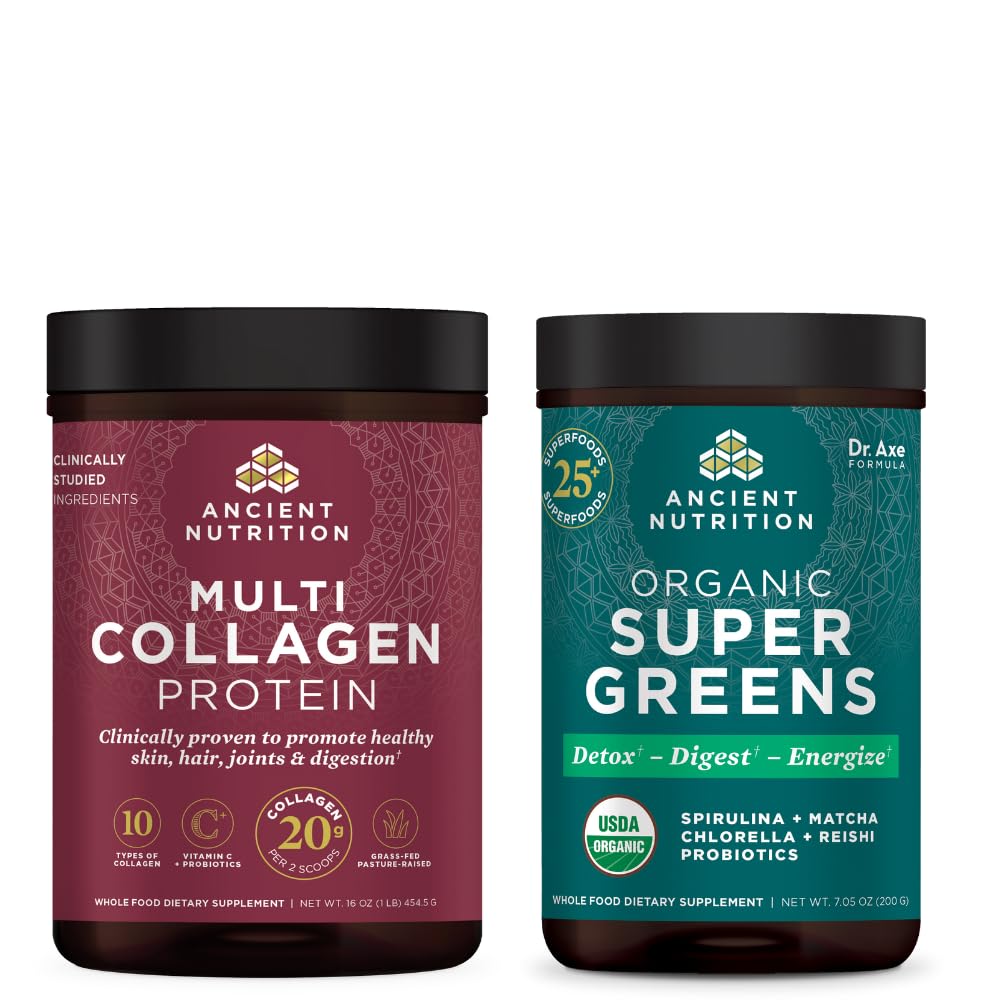 Alimentation ancienne Poudre biologique SuperGreens, 25 portions + poudre protéinée multicollagène, non aromatisée, 45 portions
