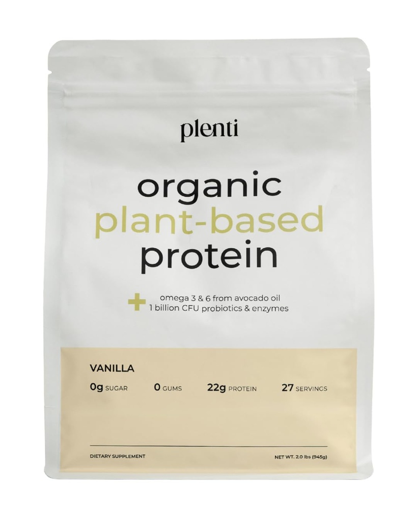 plenti Organic Plant-Based Protein Powder: Vanilla - 20g Pea Protein + Probiotics, Digestive Enzymes & Omega 3-6, Gut Friendly, Sugar Free, 27 Servings (2 lbs)