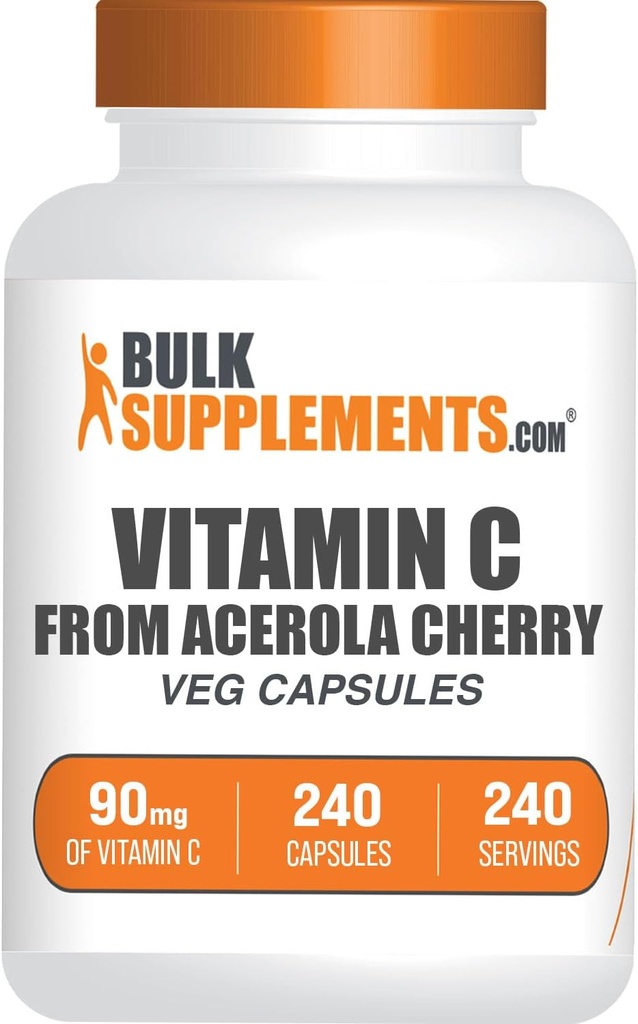 BulkSupplements.com Vitamine C de Acerola Cerise Capsules - Acerola Cerise Supplément Vitamine C - Sans gluten, 1 Capsule par portion, 240 Capsules de légumes (paquet de 1)