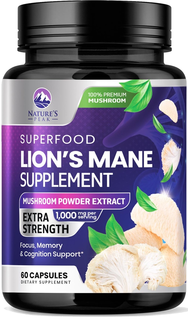 Lions Mane Mushroom Capsules 10 000mg - Lions Mane Supplément Capsules pour le soutien de la mémoire et de la concentration, Cerveau, Immuni Health Support, Vegan, mis en bouteille aux États-Unis, Lions Mane Mushroom Powder Extract, 60 Compte