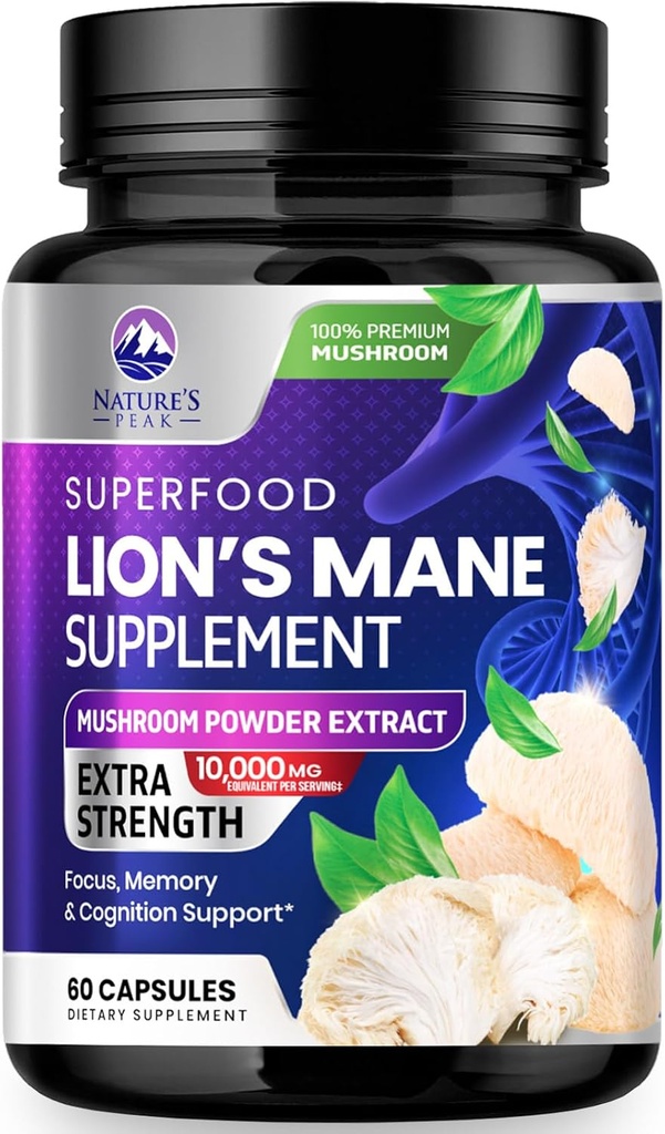 Lions Mane Mushroom Capsules 10 000mg - Lions Mane Supplément Capsules pour le soutien de la mémoire et de la concentration, Cerveau, Immuni Health Support, Vegan, mis en bouteille aux États-Unis, Lions Mane Mushroom Powder Extract, 60 Compte