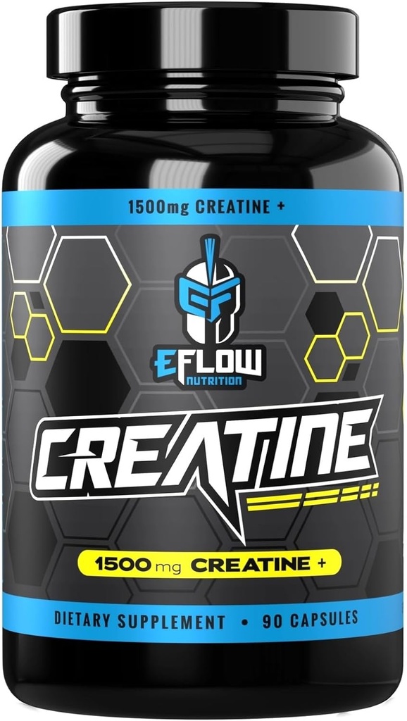EFlow Creatine Capsules, HCL Creatine Pills - Supplément de créatine pour hommes et femmes, Muscle Builder, Endurance, Force, avec AstraGin et Senactiv (1500mg, 90 Capsules)