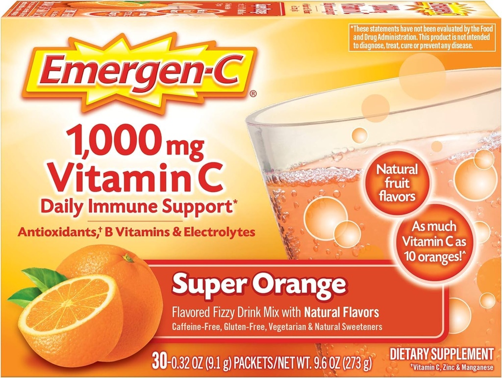 Emergen-C 1000mg Poudre de vitamine C pour le soutien quotidien de l'immunité Suppléments de vitamine C sans caféine avec le zinc et le manganèse, Super Orange Flavor - 30 Compte