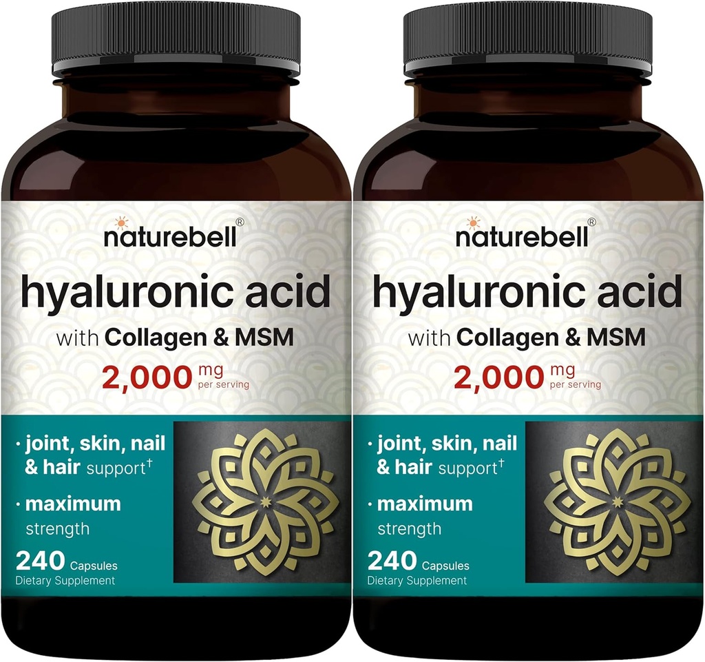 NatureBell 2 Pack Acides Hyaluronique Suppléments 2 000 mg 480 Capsules totales, avec MSM et collagène bovin hydrolysé – 3 en 1 Support pour l'hydratation de la peau, la lubrification articulaire, les cheveux et la santé des yeux
