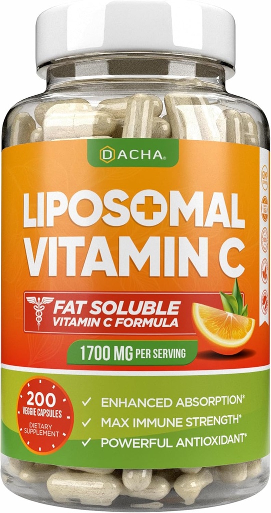 DACHA Natural Liposomal Vitamin C - 1700mg, 200 Capsules, Immune System & Collagen Booster, High Absorption Fat Soluble VIT C, Buffered, Skin Vitamins, Vegeterian, Vegan