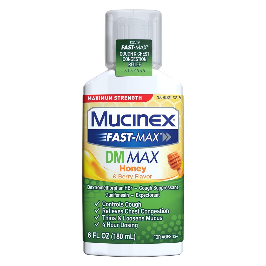 Mucinex Fast-Max Maximum Strength DM MAX, Symptom Relief, Toux Suppresseur et Expectorant, Miel & Berry Flavor, 6 FL OZ