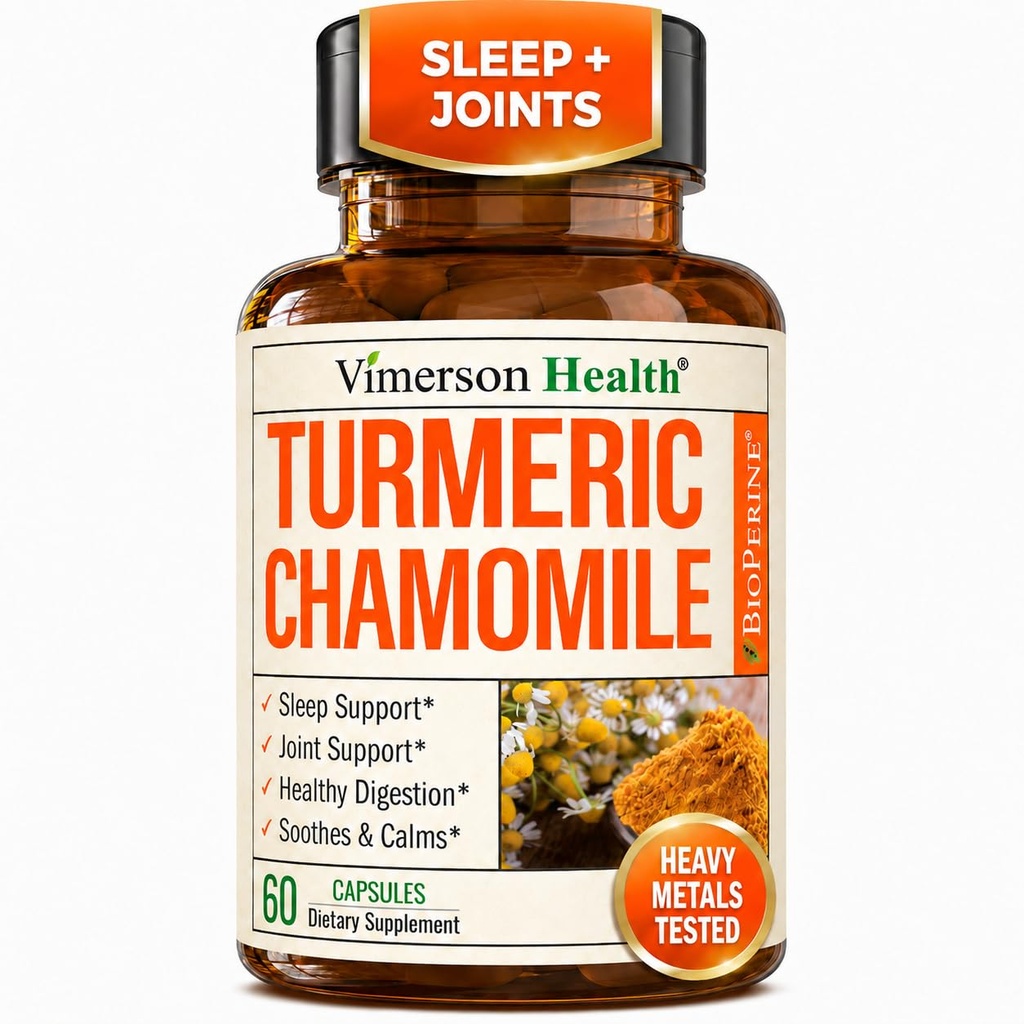 Supplément curcuma et Capsules de camomille pour le sommeil - Supplément de sommeil curcuma biologique avec extrait de fleurs de camomille (Manzanilla) - Relaxation et soutien au stress - Santé articulaire et digestif. 60 Capsules