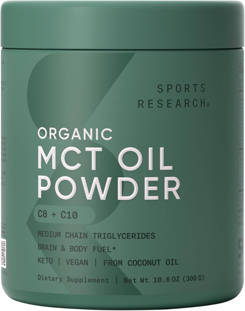 Recherche sportive Poudre d'huile MCT biologique - MCT kéto et végétalien C8, C10 de noix de coco - Cerveau et carburant corporel acide gras, sans OGM et sans gluten - Sans saveur, parfait dans le café, le thé et les protéines Shakes - 10,6 oz