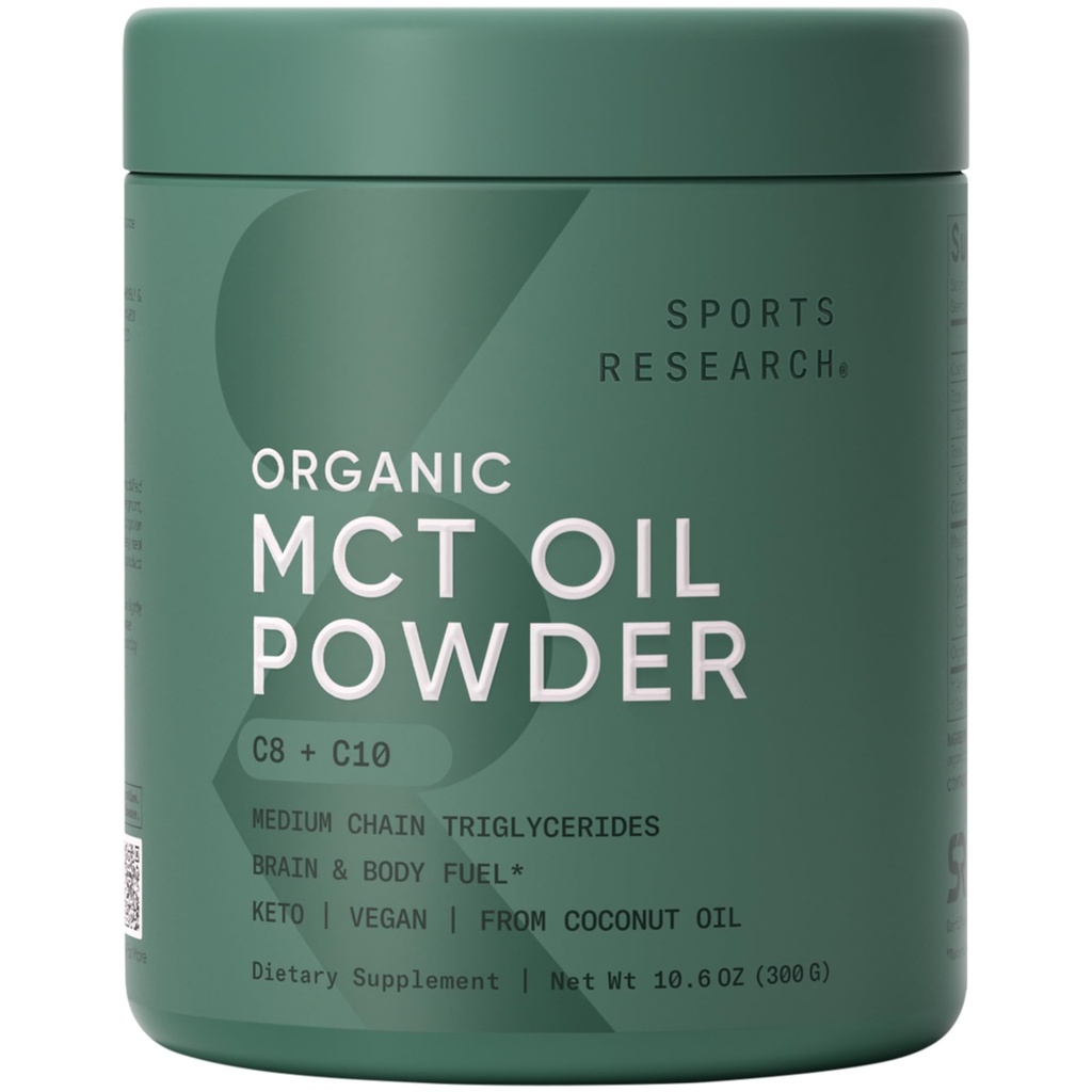 Recherche sportive Poudre d'huile MCT biologique - MCT kéto et végétalien C8, C10 de noix de coco - Cerveau et carburant corporel acide gras, sans OGM et sans gluten - Sans saveur, parfait dans le café, le thé et les protéines Shakes - 10,6 oz