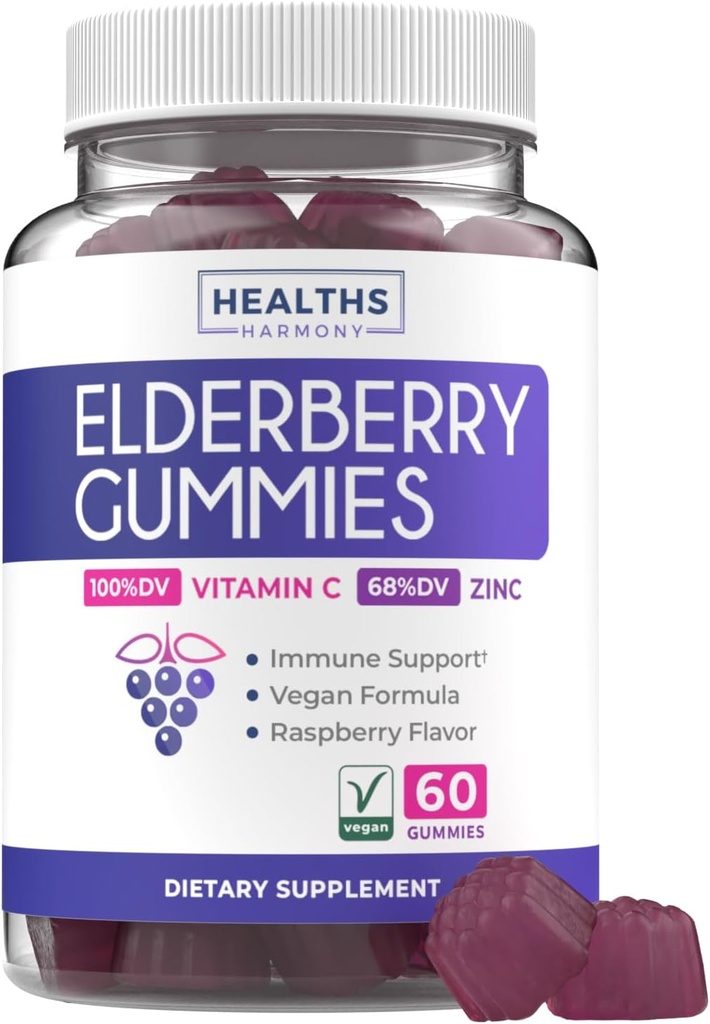 Gommies pour mûres aînées de Sambucus végétalien pour adultes - Gommies de vitamine C et de zinc pour le mieux-être quotidien et saisonnier - Delicious and nutritive Imune Support Gummy (1 mois d'approvisionnement)