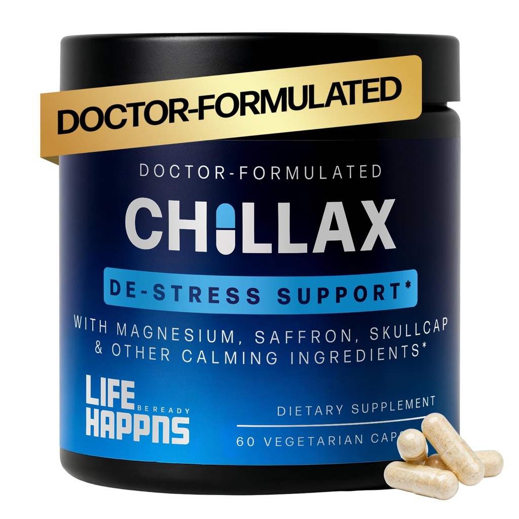 Life Hapns Chillax, Supplément de soutien calm, L Theanine, Magnésium, GABA et Safran Suppléments pour la relaxation, l'humeur naturelle du soutien de la santé pour les adultes, Calme et détente, 60 Capsules