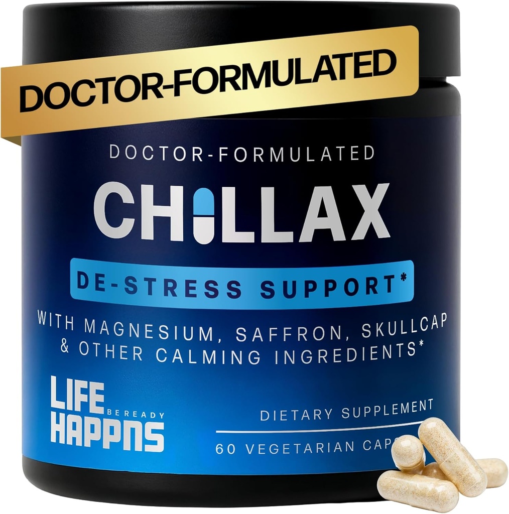 Life Hapns Chillax, Supplément de soutien calm, L Theanine, Magnésium, GABA et Safran Suppléments pour la relaxation, l'humeur naturelle du soutien de la santé pour les adultes, Calme et détente, 60 Capsules