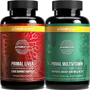 Primal Récolte Multivitamine et compléments hépatiques pour les femmes et les hommes Complexe de soutien du foie avec acide alpha-lipoïque, L-Cysteine HCL, L-Glutathion, Thistle de lait et Spiruline