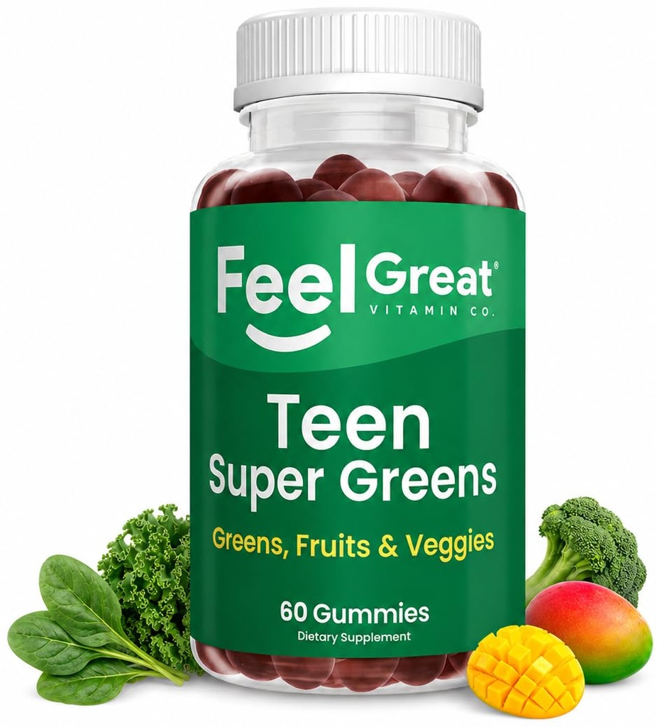 Feel Great Super Green Gummies Teen Vitamins | Vegan Veggie Gummy Multivitamin for Teens | Fruit and Vegetable Supplement | Veggie Fiber Supplement | 60 Count