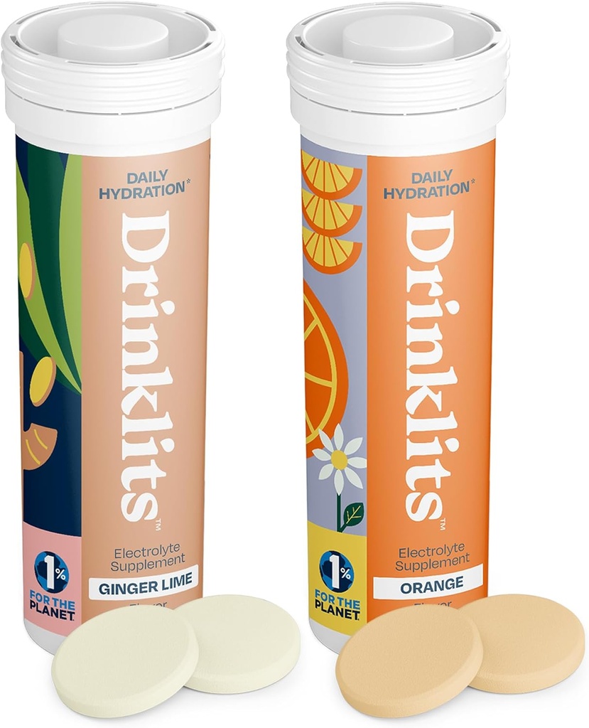 Drinklits Hydration Tablets - Electrolytes & Vitamins | Ginger-Lime and Orange - 2 Pack (20 Servings)