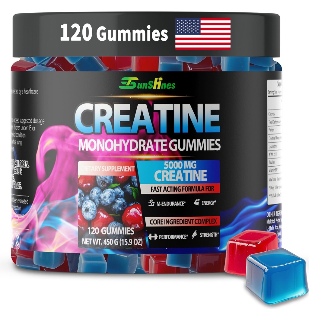 Creatine Monohydrate Gummies 5g (5000mg), Sugar-Free Creatine, Pre-Workout Energy, Veg, Non-GMO, for Men & Women - 120 Count Cherry Flavor with Blueberry Flavor