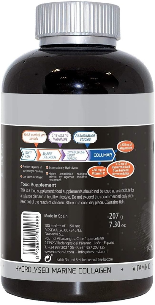 Drasanvi (2 Pack) COLLMAR Collagène marin hydrolysé avec des comprimés de magnésium 180 - pour un cartilage cutané sain, des os et des muscles