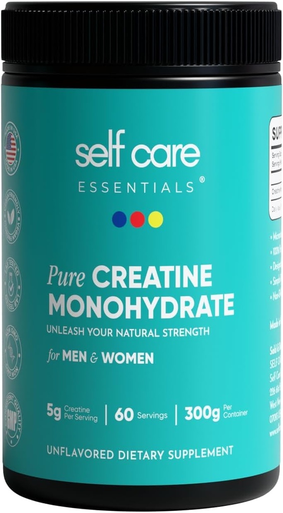 SELF CARE ESSENTIALS® - Pure Creatine Monohydrate Powder 300g (60 Servings) – Unflavored, Lab Tested, Micronized Creatine for Daily Strength, Mobility & Energy for Women & Active Adults