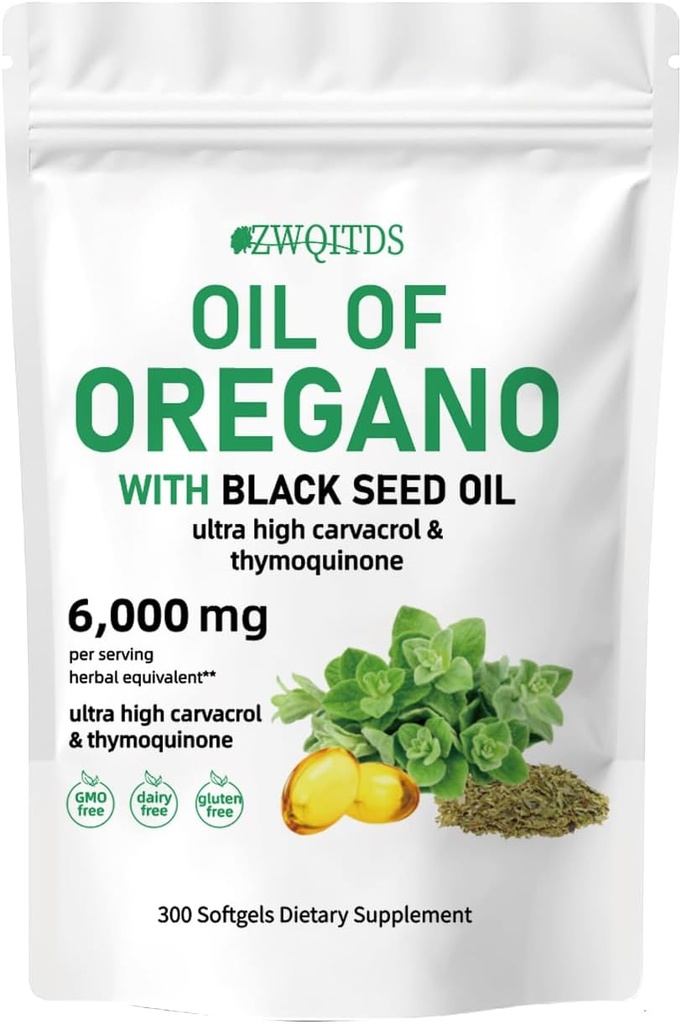 Huile d'Origan avec huile de graines noires 2-en-1 Softgels 6000mg 300 Compte non-OGM Immuni Formule de support à base de plantes