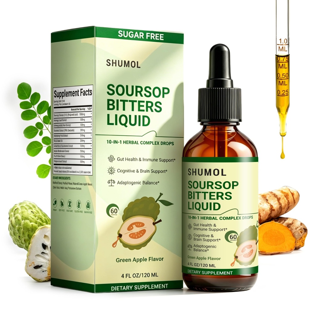 Soursop Bitters Liquid Drops, 10 in 1 Soursop Extract with Moringa, Turmeric, Black Seed, Oregano, Ashwagandha & Reishi | Digestive & Immune Support | Vegan, Sugar-Free | 4 Fl Oz (Green Apple Flavor)
