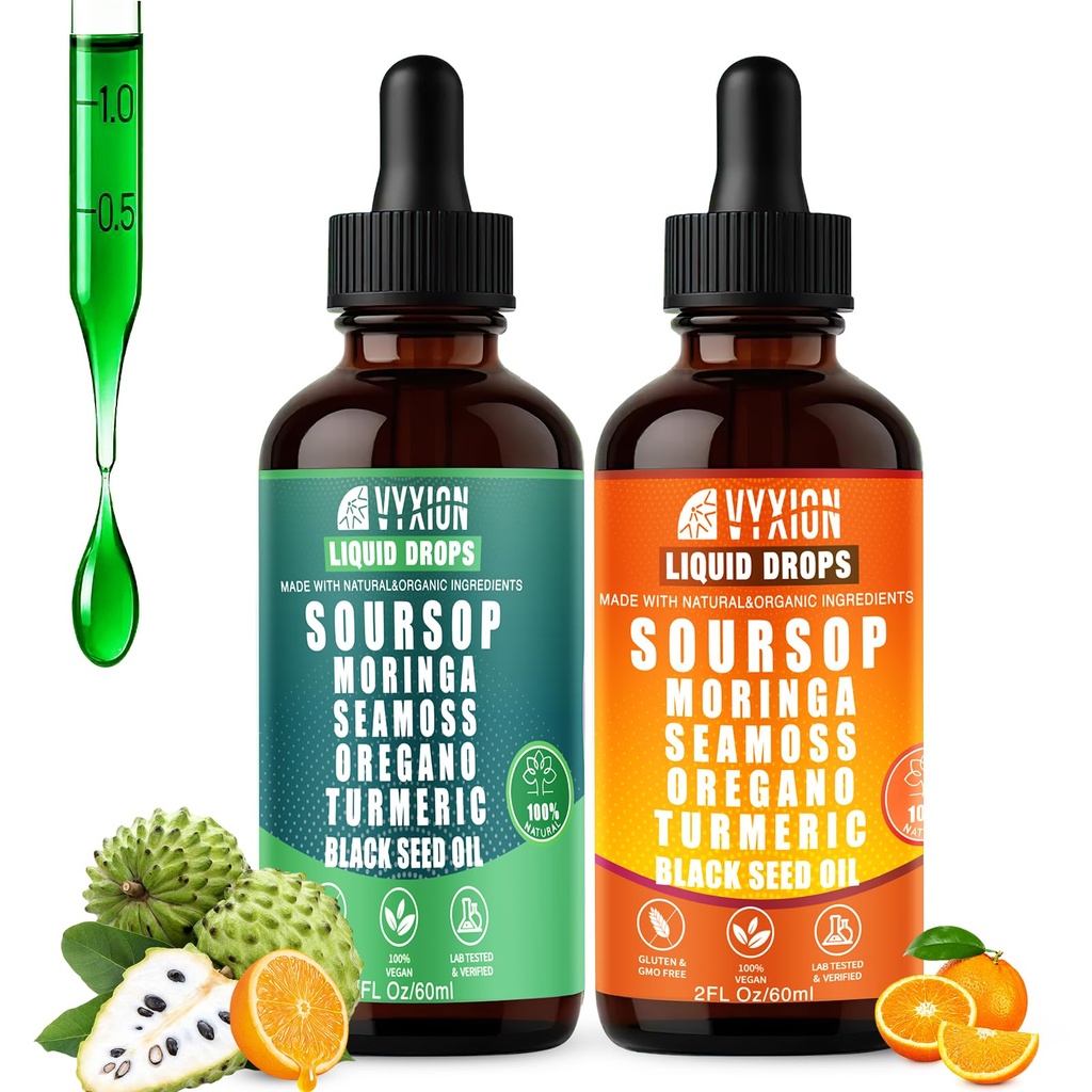 Soursop Bitters Liquid Drops 10 in 1 with Sea Moss, Ashwagandha | Original & Zesty Orange Flavor Combo | 2-Pack (2 Fl Oz Each) | Herbal Extracts for Overall Health | Vegan, Non-GMO, Gluten-Free