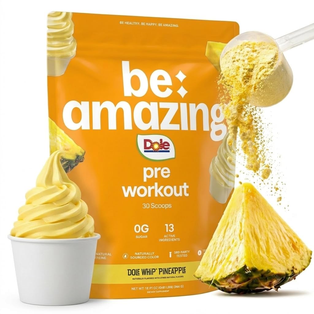 BE AMAZING Pre Workout Powder, Vegan Supplement with 125mg Natural Caffeine, Ashwagandha and Adaptogens, Sugar Free Drink Mix for Men and Women, Gluten Free, Non GMO, Dole Whip Pineapple, 30 Servings